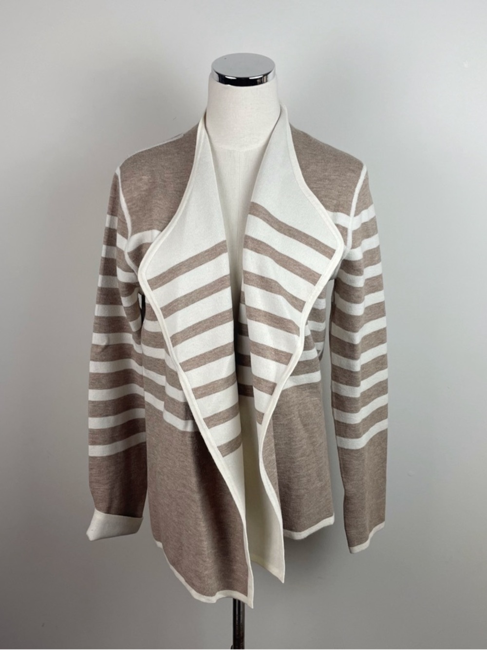 Cynthia Rowley Brown Tan White Stripe Open Front Cardigan Sweater Jacket Knit